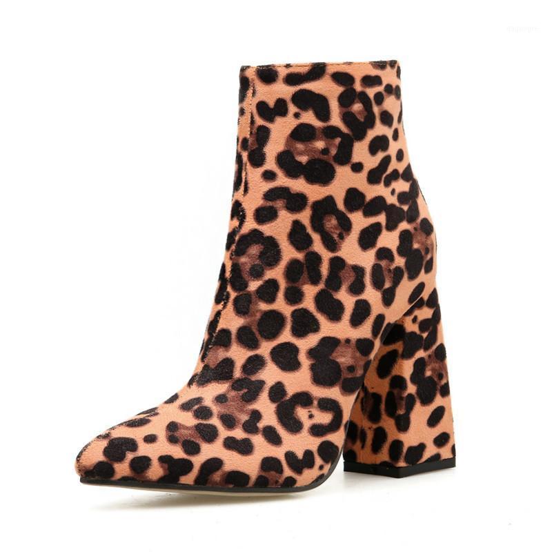 

Autumn Luxury Designer Women Boots Ankle Flock Leopard Pointed Toe High Square Heel Sewing Fashion Sexy Shoes Ladies Female 20211