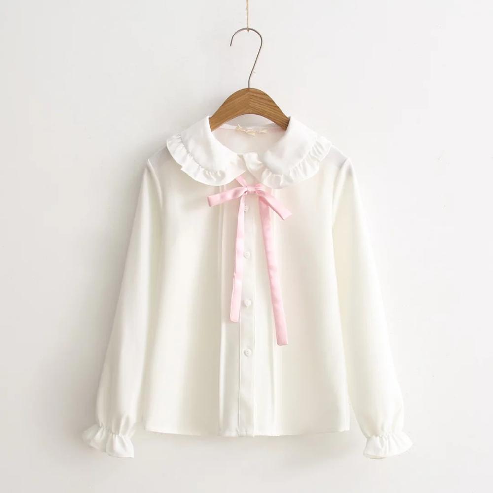 

2021 New Women Lolita Blouses Girls Fall Long Peter Pan Pink Bowknot Collar White School Shirt Top Japanese Tjj3