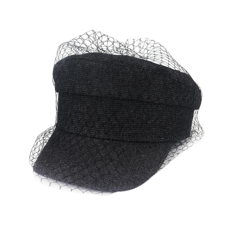 

Fashion Mesh Lace Denim Flat Top Painter Hat Girl Street Style Beret Female Accessories Black