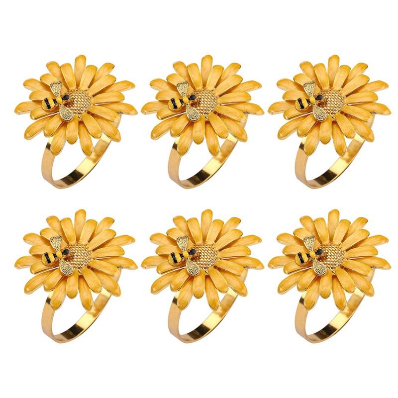 

6 Pcs Daisy Flower Napkin Rings Set,Bee Flower Napkin Holders Serviette Buckles for Holiday Wedding Table Decorations