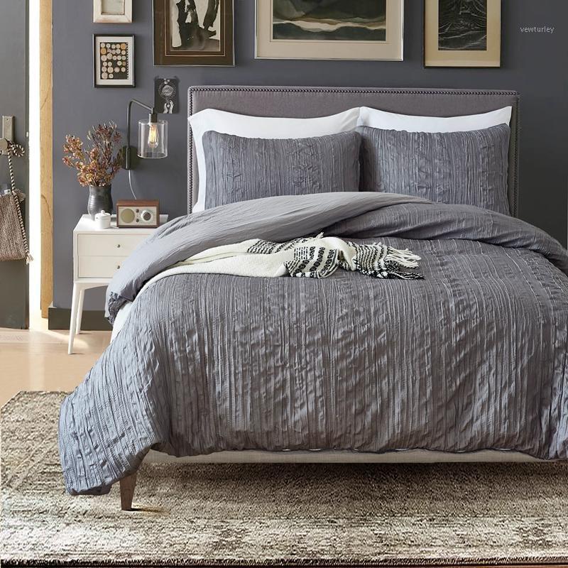 

Solid Color Crinkle Washed Cotton Quilt Cover US Queen Crepe Duvet Cover Pillowcase 3PCS Home Bedding Set #3101, Grey
