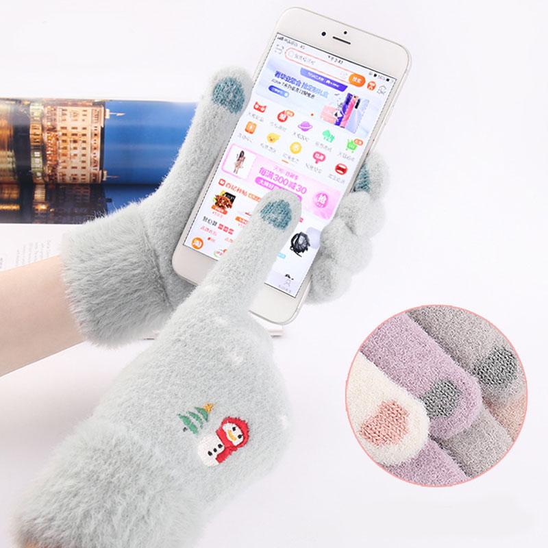 

Five Fingers Gloves Touch Screen Women Xmas Print Mittens Soft Warm Outdoor Driving Plus Velvet Imitation Mink Full