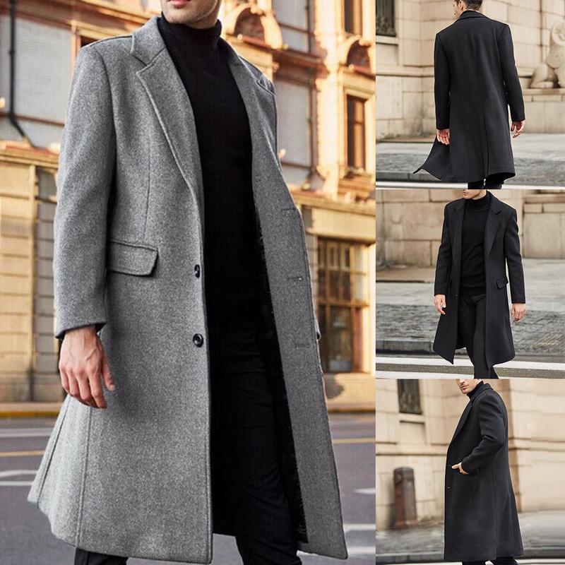 

Winter Men Coats Woolen Solid Long Sleeve Jackets Fleece Men Overcoats Streetwear Fashion Long Trench Outerwear 2020 5XL, Black