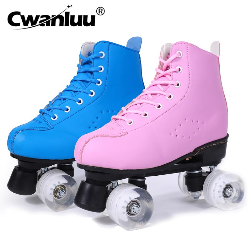 

Pink Blue PU Leather Roller Skates Woman Man Outdoor Skate Shoes 4-Wheel Patines 35-45 Europe Size, Transparent wheel