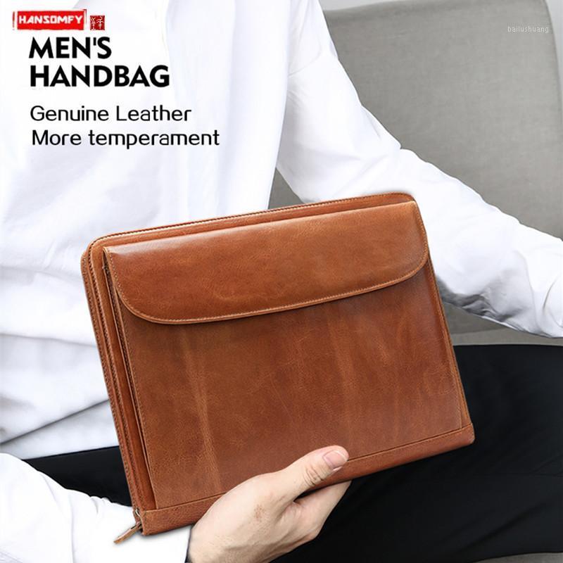 

2021 New Genuine Leather Men Handbag A4 Business Briefcase File Bag Male 13.3 Inch Computer Bag Cowhide Envelope Bags Brown Big1