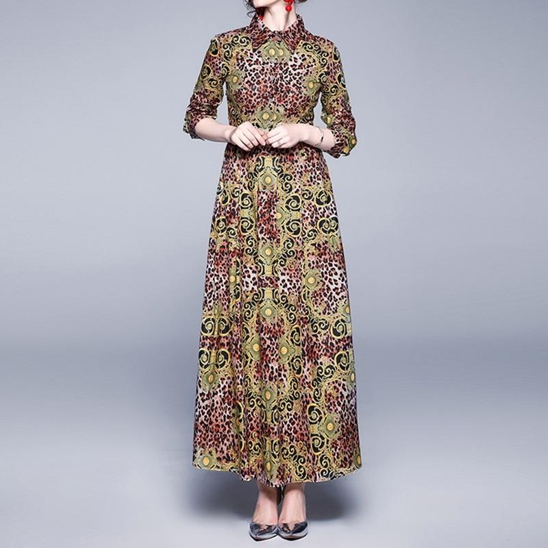 

Printing Waist Large Swing Long-sleeved Dress
