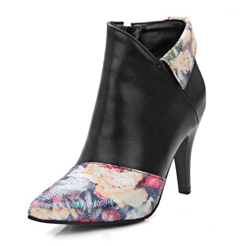 

Sexy Women Ankle Boots Print Patchwork High Heels Women Shoes Lady Stiletto Pointed Toe Winter Boots Warm Shoes Woman XKD20481, White