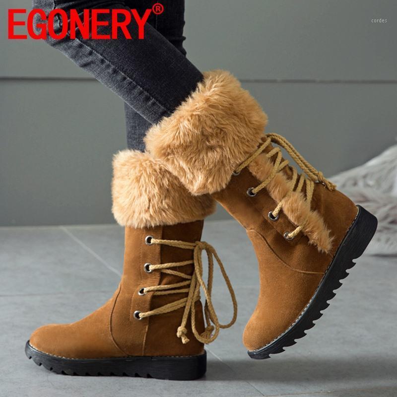 

EGONERY 2020 winter newest round toe snow boots outside comfortable low heels cross-tied plus size women shoes drop shipping1, Beige