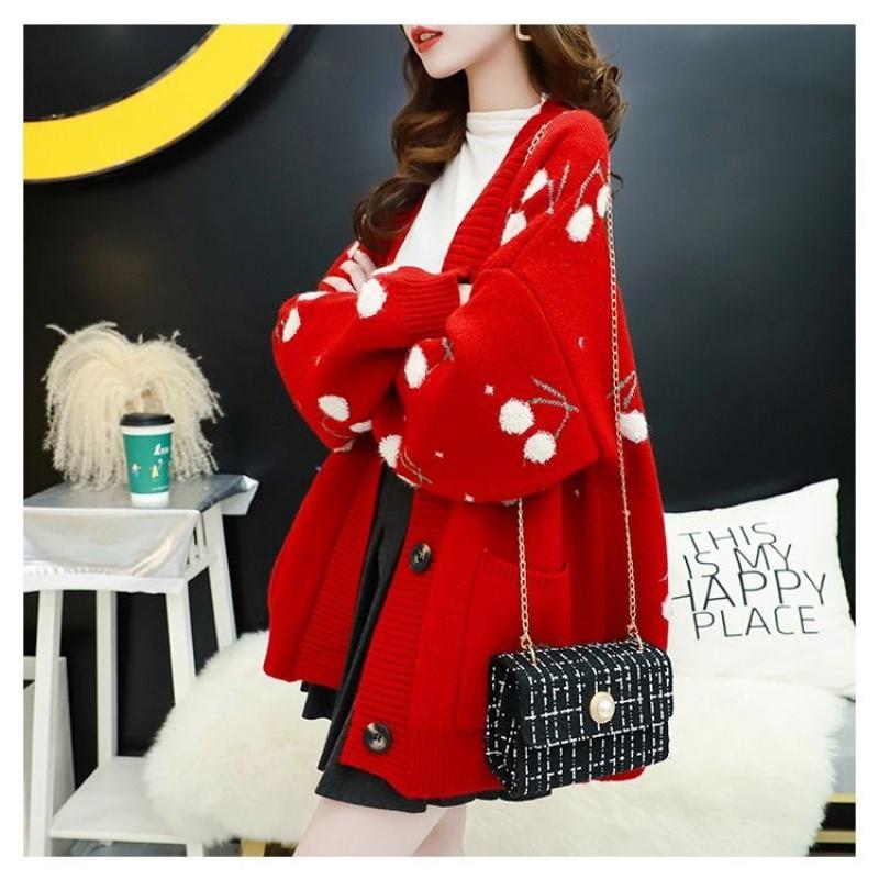 

Red Cherry Female Autumn Clothes Korean Women'S Knitted Cardigan Sweater For Women Winter Clothing 2020 Long Sleeve Top F1341, Black
