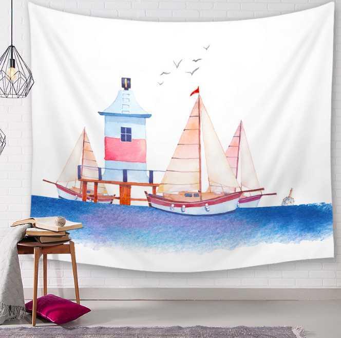 

Watercolor Ship Fish Decorative Tapestries Bathroom Outdoor Tapestry Wall Hanging Sheet Picnic Cloth Home Decor Tablecloth Gift1