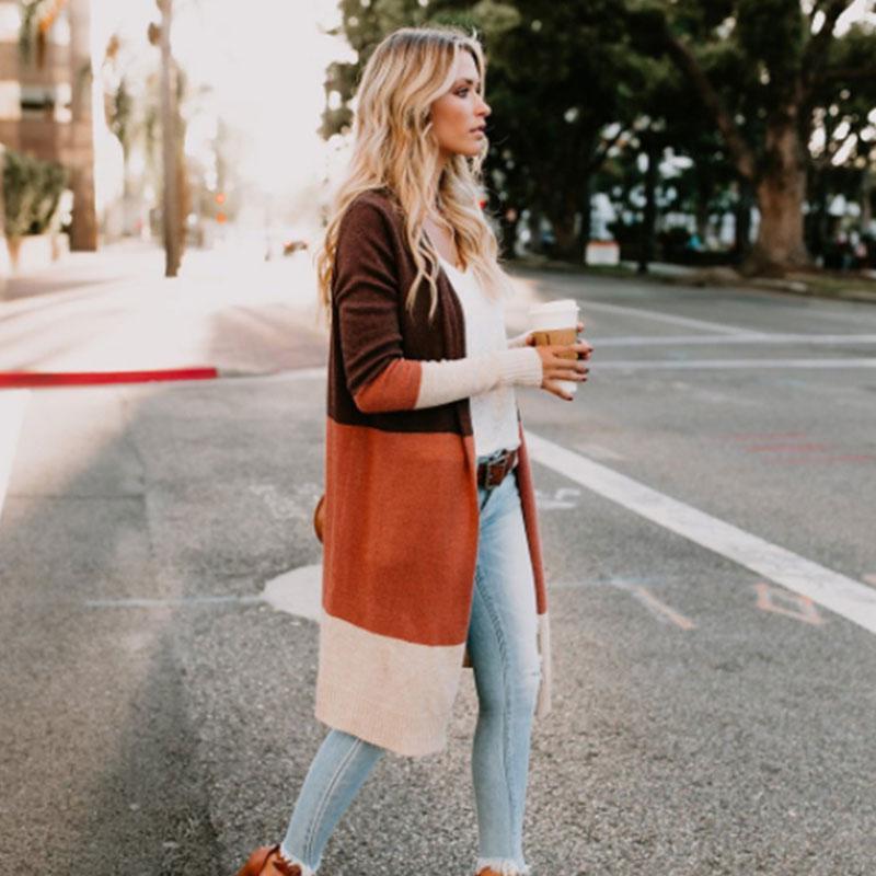 

Color Patchwork Long Cardigan for Women Sweater Open Front Women Casual Autumn Winter Long Sleeve Knitted Cardigan Coat, Orange