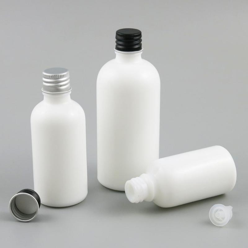 

New Design!! 30ml 50ml 100ml Refillable Natural White Glass Bottle white Silver Black Aluminium Cap 1oz Whtie Drop Bottle 12pcs