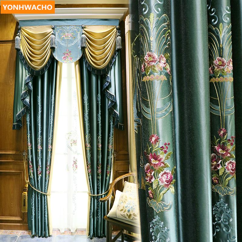

Custom curtains Luxury classical green extravagant flower precision embroidery cloth blackout curtain tulle valance drapes N910, Tulle sheer