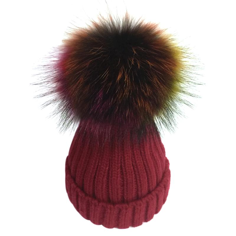 

Colorful Real Raccoon fur Pompons Hat Fashion Women's Winter Warm Hat Beanies Knitted Thick Fur Poms Gorro For Lady Girls Bonnet, Black