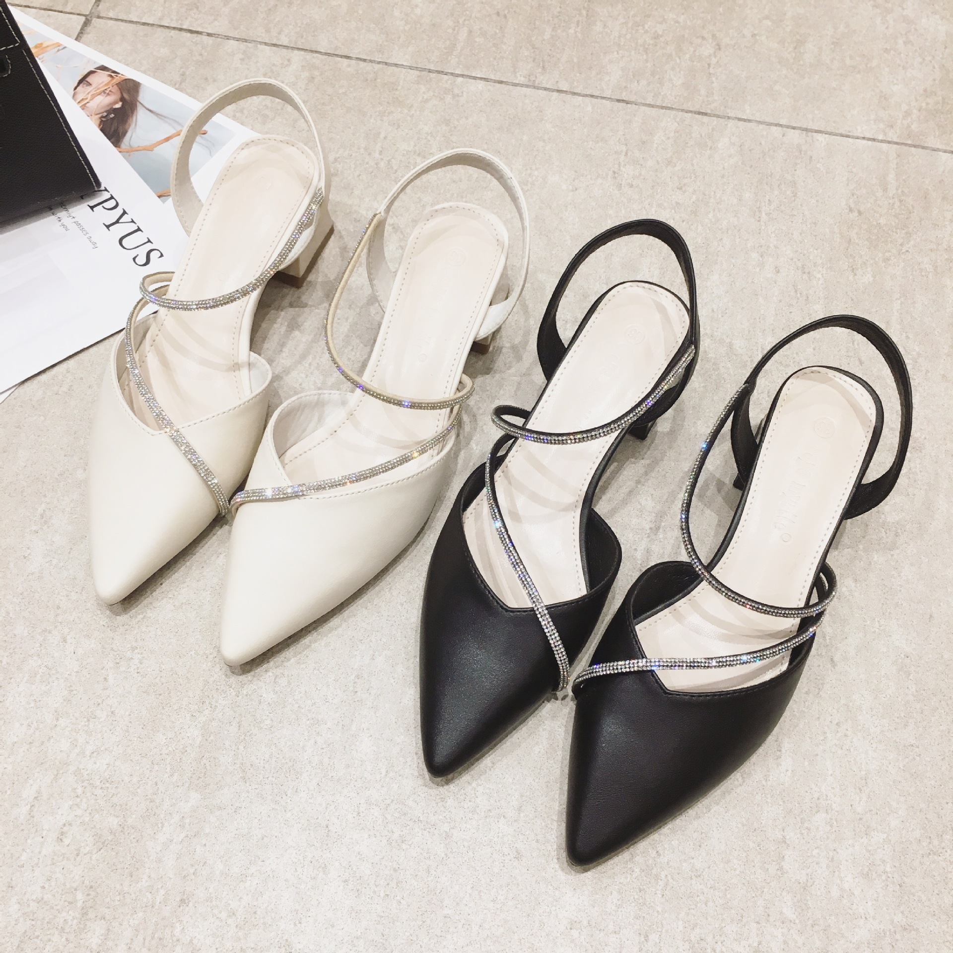 

2021 New Summer Semi-high Female Sandals Heels Fairy Pointed to in Crystal Fashion Shoes T89g, Black