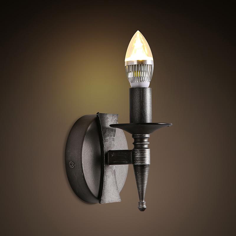 

American country style stairs bedroom corridor retro industrial single head black iron wrought candle wall lamp