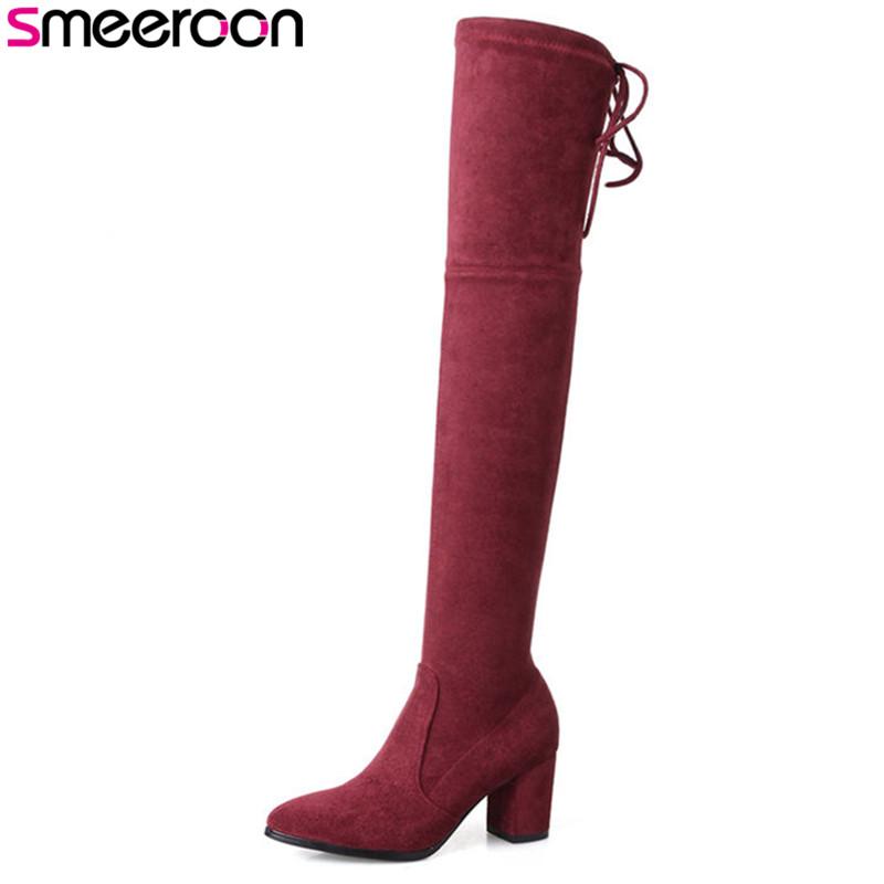 

Smeeroon new popular pointed toe high heels autumn winter boots for women over the knee boots slip on flock ladies shoes, Black