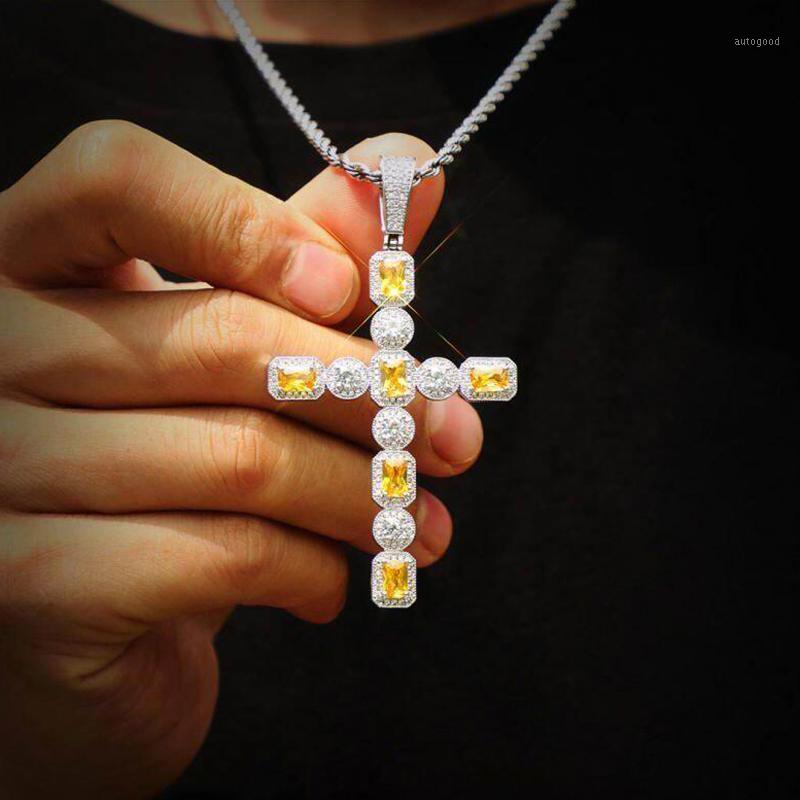 

Chains Clear Princess Cut Solitaire Cross Pendant Necklace With 5MM Tennis Chain Mens Two Tone Silver Color CZ Hip Hop Jewelry1