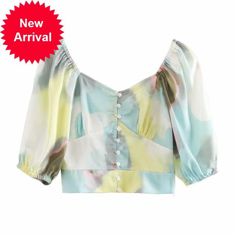 

2021 New High Quality Female Tie-dye Neck Square Lantern Sexy Short Top Designer Shirt Elegant Blouse Q4nl, Beige