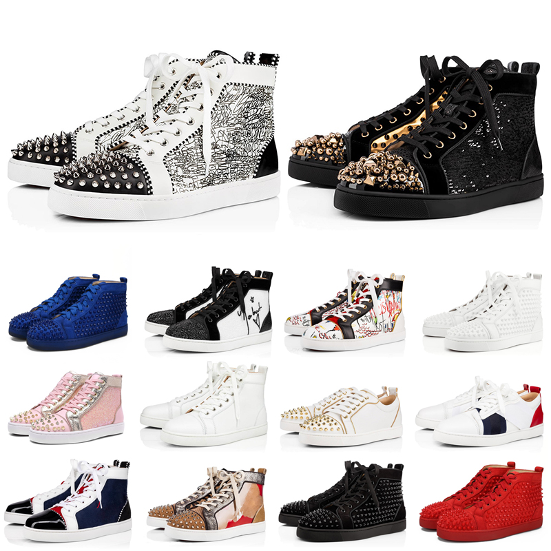

Men Fashion Sneakers Red Bottom shoe High Cut Suede spike trainer For Men and Women Party Wedding crystal leather Casual Shoes, Box+dust bag