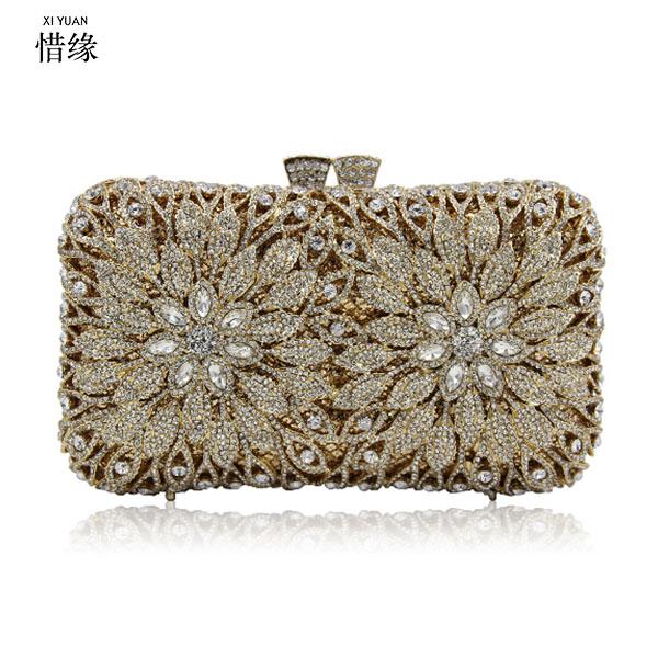 

XIYUAN BRAND diamond Blue evening bags Luxury crystal women evening Clutch bags bride wedding purple pochette party handbags, Gold