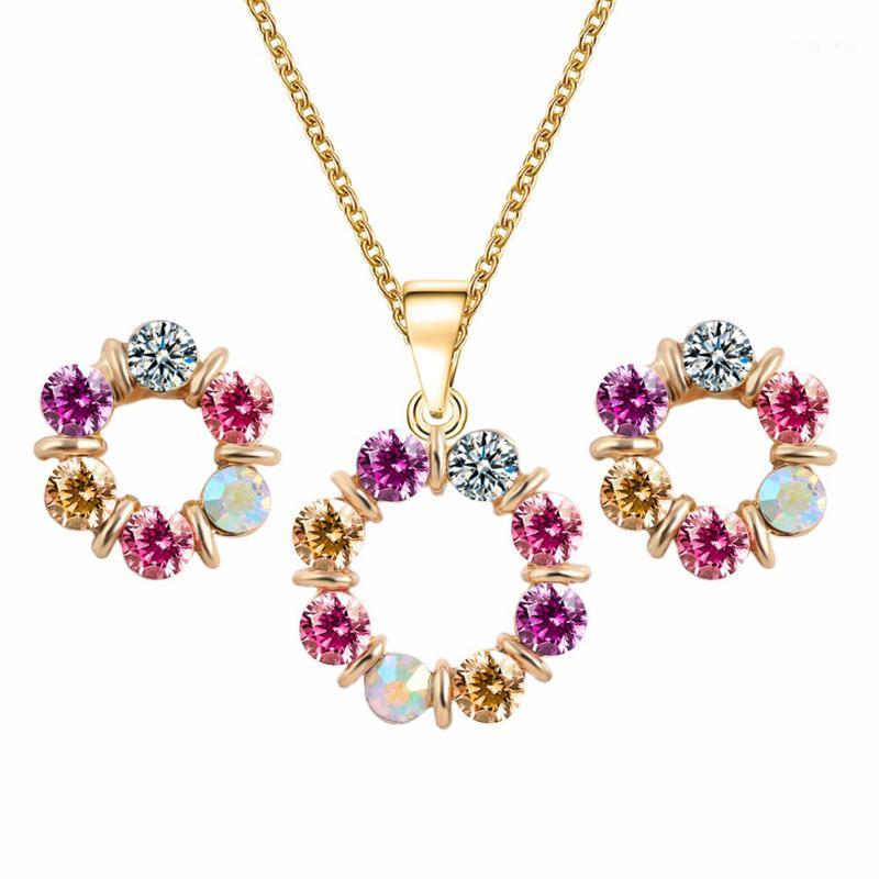 

Earrings & Necklace Fashion Circle Colorful Rhinestone Ear Studs Women Jewelry Set, Silver
