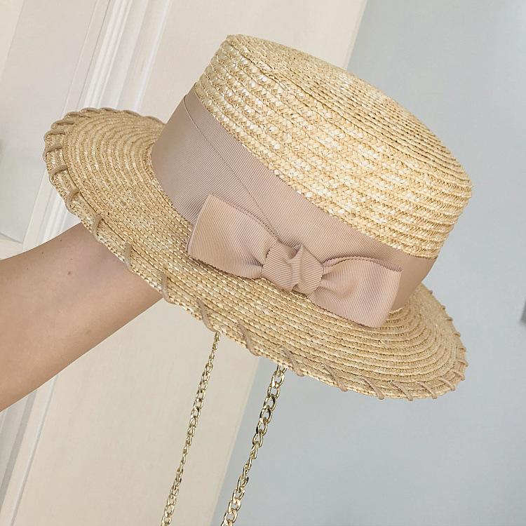 

Wide Brim Hats 2021 Fashion Summer Golden Chain Straw Hat For Women Flat Boater Cap Bowknot Band Lady Sun Protection Beach, Primary color