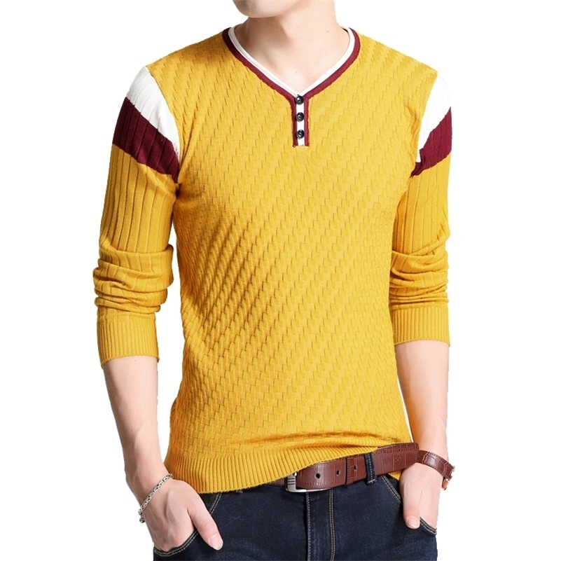 

BROWON Brand-sweater Autumn Men's Button V-collar Slim Sweaters Men Elastic Knitted Sweaters Knitted Pullover Men Knitted 201105, Beige