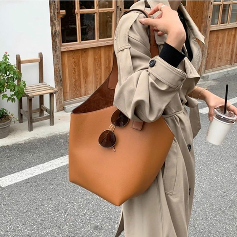 

Women shoulder bag camel large capacity bucket bag casual luxury leather ladies black 2021 new