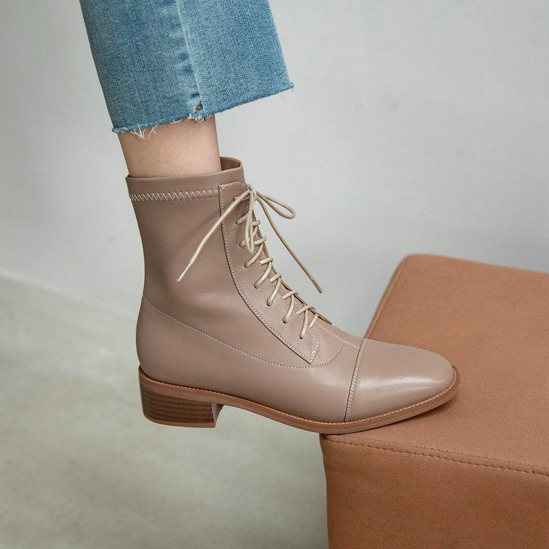 

Fashion Genuine Leather Women Ankle Boots Platform Round Toe Thick Heels Pumps Winter Newest Working Shoes Woman, Black