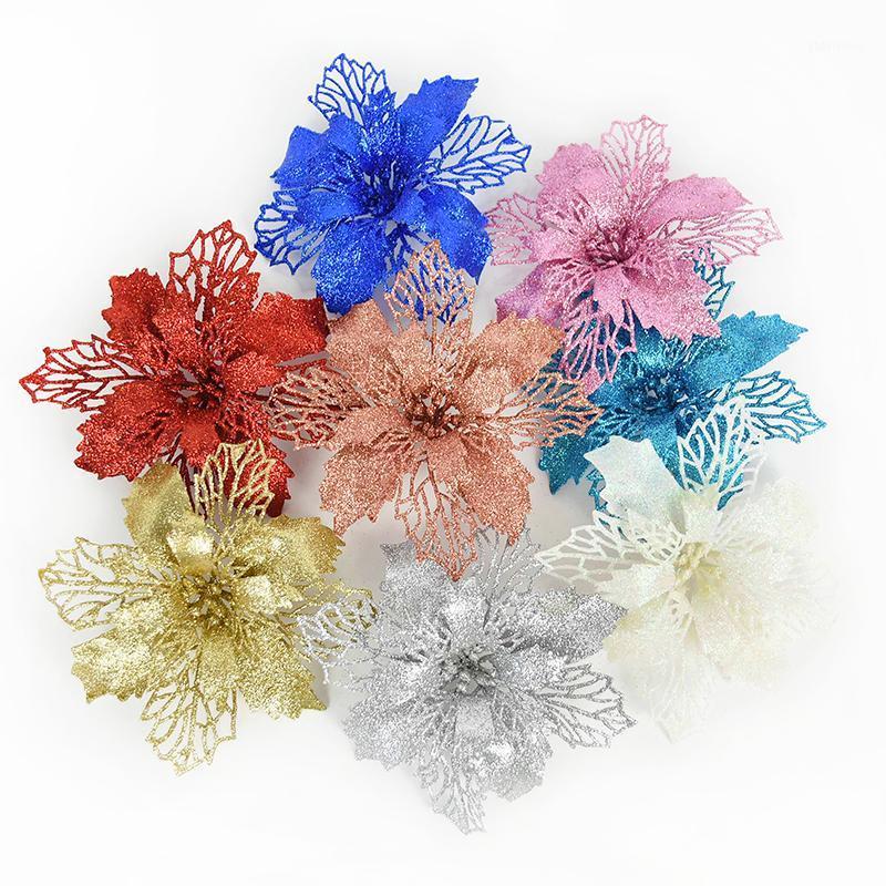 

5pcs 9/11/16cm Glitter Hollow Artificial Flowers Christmas Tree Decoration For Home DIY Xmas Party New Year Decor Fake Flower1