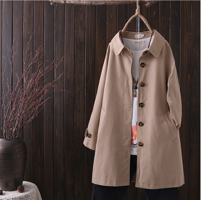 

2021 New N054 # fat plus size trench coat female Beginning of the single autumn breasted lapel CTQK, Khaki.