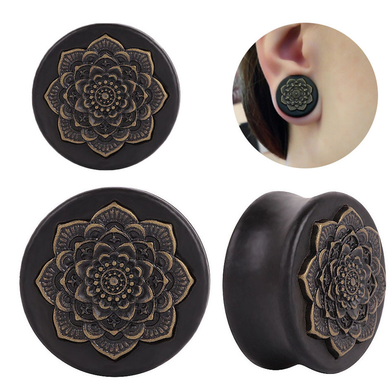 

Design Black Datura Flowers Ear Plugs Wood Piercing Ear Flesh Tunnel Piercing Wood Flower Romantic Couple Earrings Body Jewelry