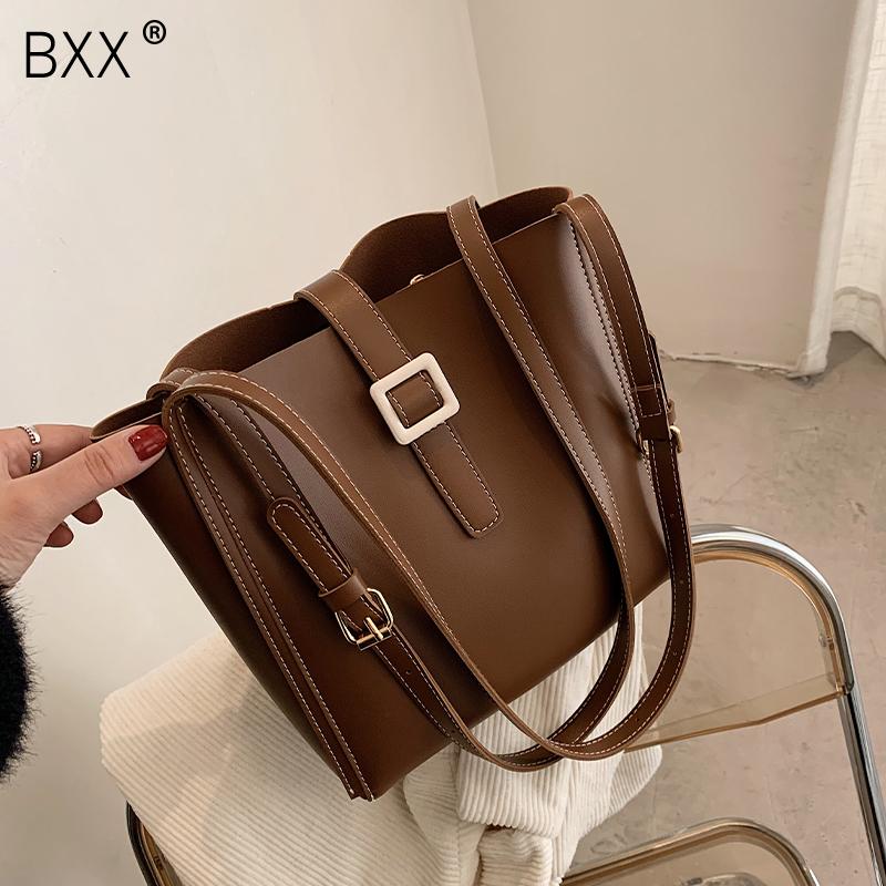 

[BXX] Simple PU Leather Luxury Bucket Crossbody Handbags and Purses 2021 Winter Women's Designer Shoulder Bag HQ473, Black