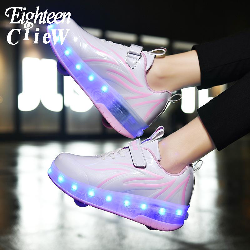 

Size 28-40 Rollers Sneakers Children LED Glowing Luminous USB Charging Sneakers With Light Up Shoes for Boys Girls LED Slippers, Blue