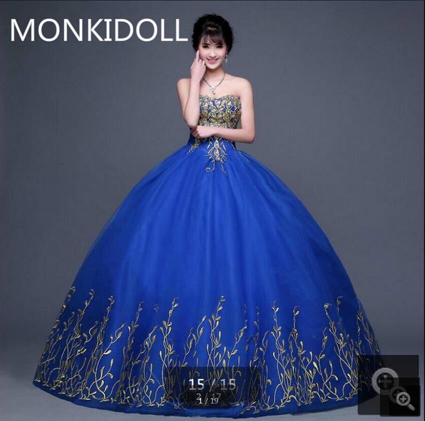 

Vestido De Festa Real Picture blue embroidery lace elegant prom dresses beaded crystals princess puffy ball gown prom dress sweet 16 dresses