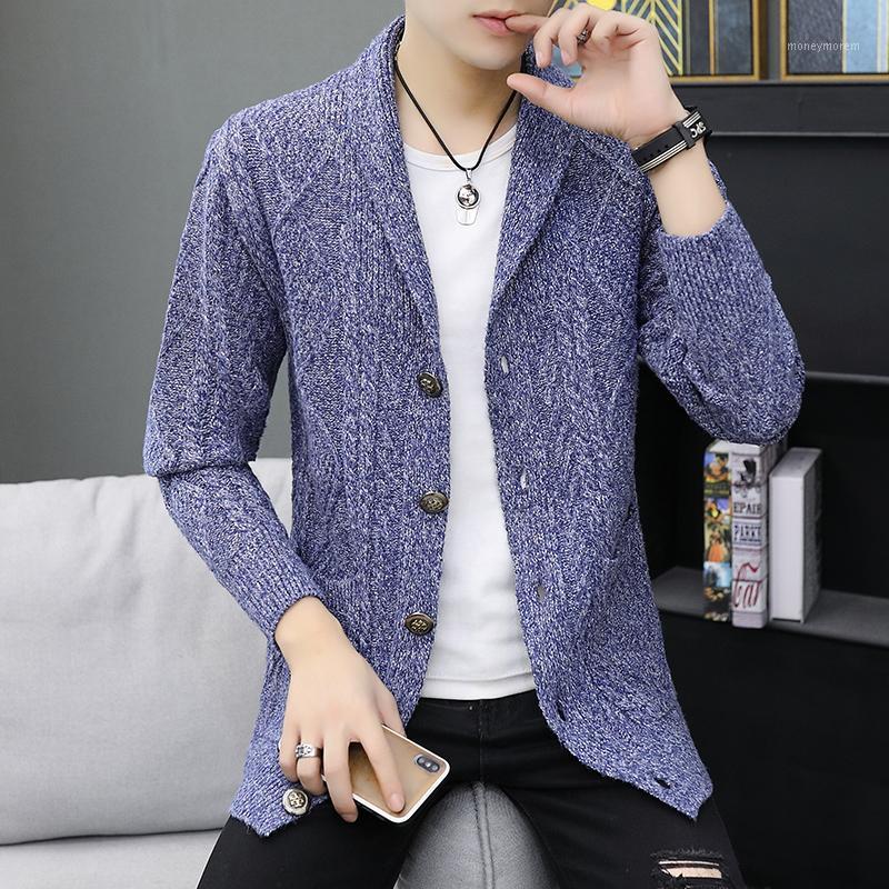 

2019 Autumn Winter Vintage Twist Sweater Men Single Breasted Woollen Windbreaker Jacket Solid Turn-down Collar Sweatercoat Male1, Blue