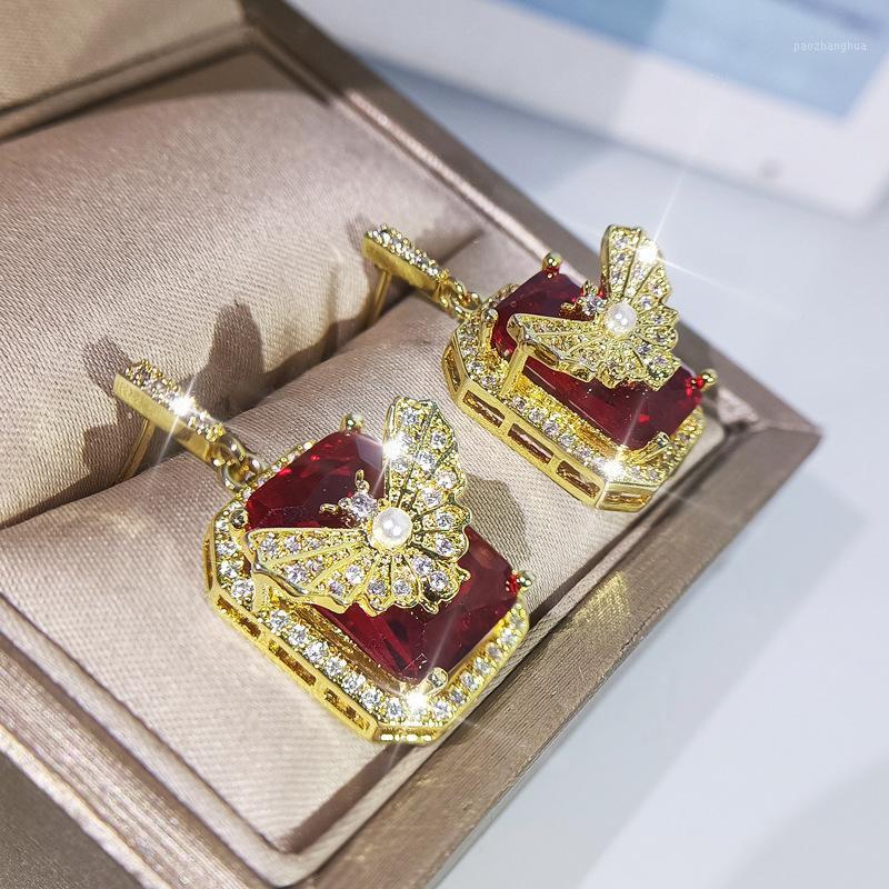 

Stud Three-dimensional Craftsmanship Inlaid With Ruby Butterfly Earrings Sparkle Ladies Attending Cocktail Party Accessories, Golden;silver