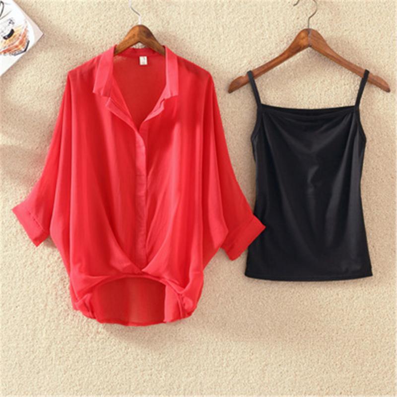 

Women's Blouses & Shirts Ladies 2022 Two Piece Set Plus Size Chiffon Summer Half Sleeve Loose V-Neck Women Casual Blouse Autumn Sexy Cool To, White