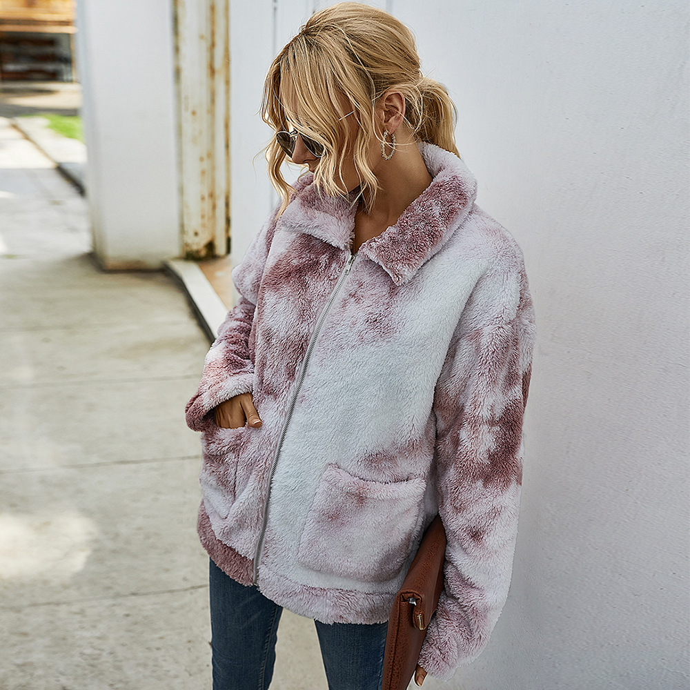 

Women Jacket Winter Fashion Tie-dyed Thick Warm Lapel Neck Jackets European and American Style Womens Casual Windbreaker 6 Colors Size -XL, Pink