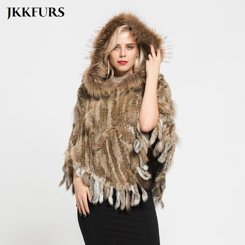 

JKKFURS Real Knitted Fur Poncho Women's Real Raccoon Fur Collar Natural Hooded Capes Winter Shawls Pocket S7098, Black