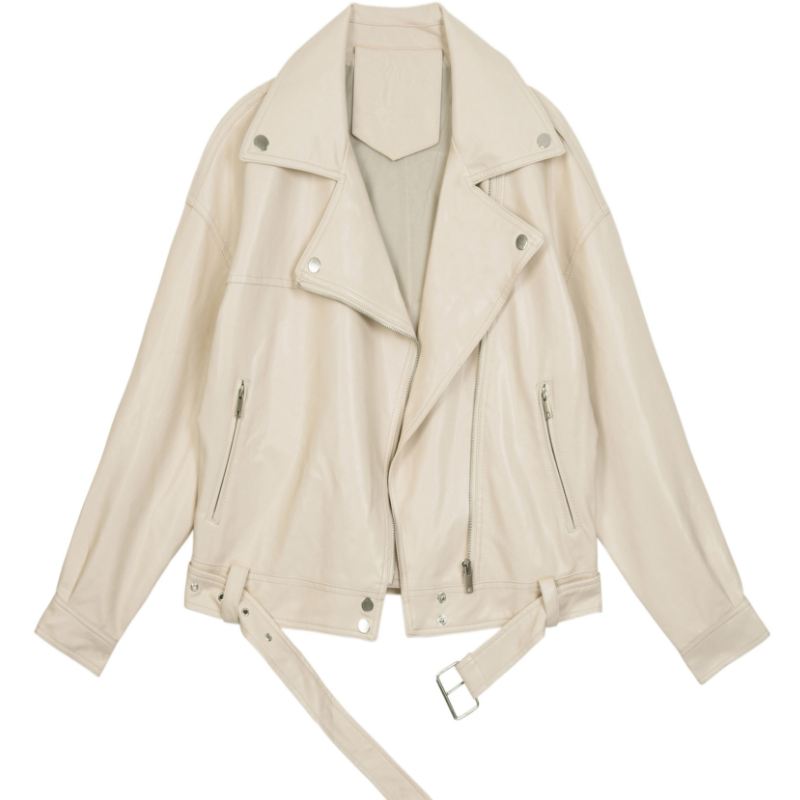 

Autumn Winter Women' PU Leather New Jacket Punk Locomotive Turn Down Collar Fashion Solid Color Thicke Female Casual Loose Coat, Beige