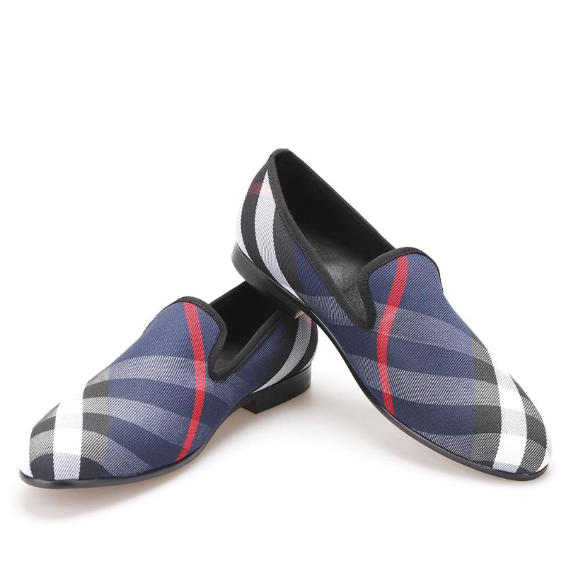

Blue and white plaid canvas shoes men loafers black pig leather insole men shoes