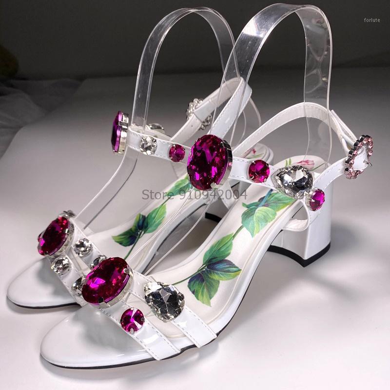 

White Printed Flower Chunky High Heel Sandals Woman Jeweled Crystal Ankle Strap Open Toe Buckle Rhinestone Summer Sandals Women1, Style 6 cm