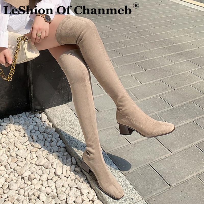 

LeShion Of Chanmeb Fashion High Quality Wood Heel Elastic Stretch Over the Knee High Boots Woman Square Toe Suede Boots Shoes 431, Black boots