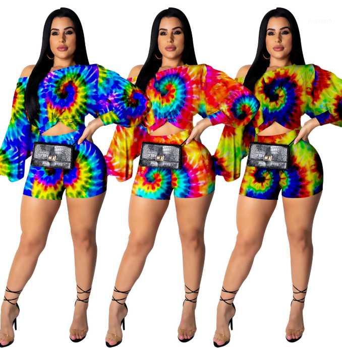 

Women Sexy Long Puff Sleeve One Off Shoulder Crop Top + Skinny Shorts Set Romper Female Casual Sportswear Trainning Outfits1, Blue