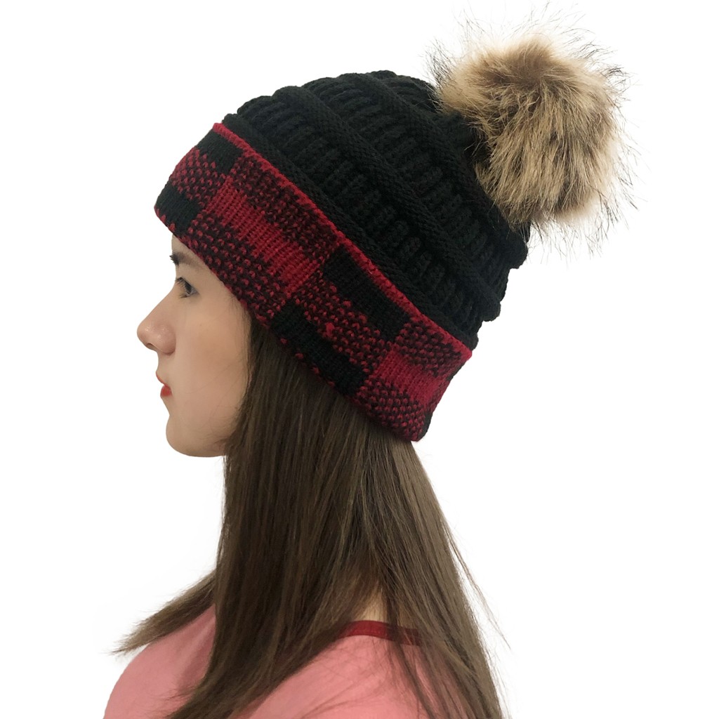 

Winter Beanie Hat Warm Crochet Plush Baggy Wool Knitted Pompom Skullies Ball Casual Plaid Stitching Velvet Snow Ski Cap #T1P, Black