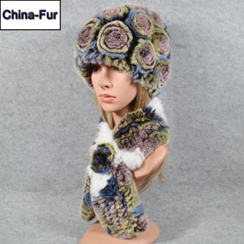 

Beanie/Skull Caps Women 2 Pieces Sets Knitted Flower Real Rex Fur Hat Scarf Cap Scarves Natural Poncho Hats, Color 22