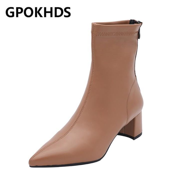 

GPOKHDS 2020 women ankle boots soft patent leather winter short plush zippers brown color pointed toe high heels party dress, Black