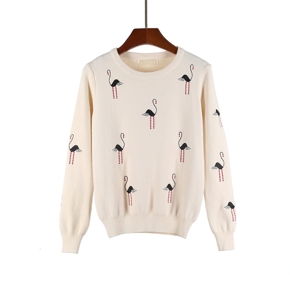 

2021 New White Crane Embroidery Sweater Round Neck Fashion Pullover Loose Casual Long-sleeved Bottoming Tops Women Clothing Pcre